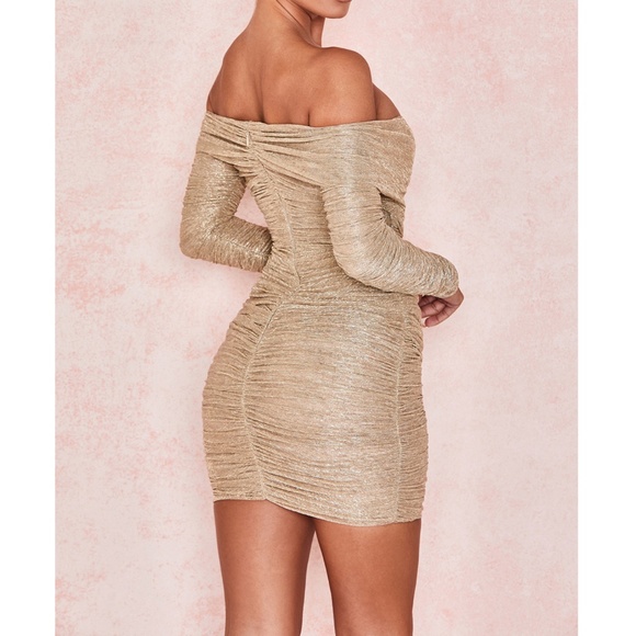 NWT House of CB Felicity Gold Ruched Mesh Off Shoulder Dress L+ - Picture 4 of 14